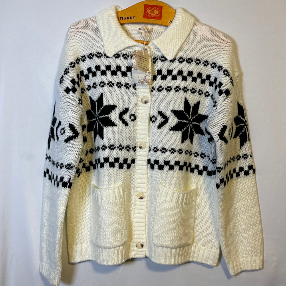 Hem & Thread Nordic Fair Isle Cardigan Sweater NWT Size M Cream Black